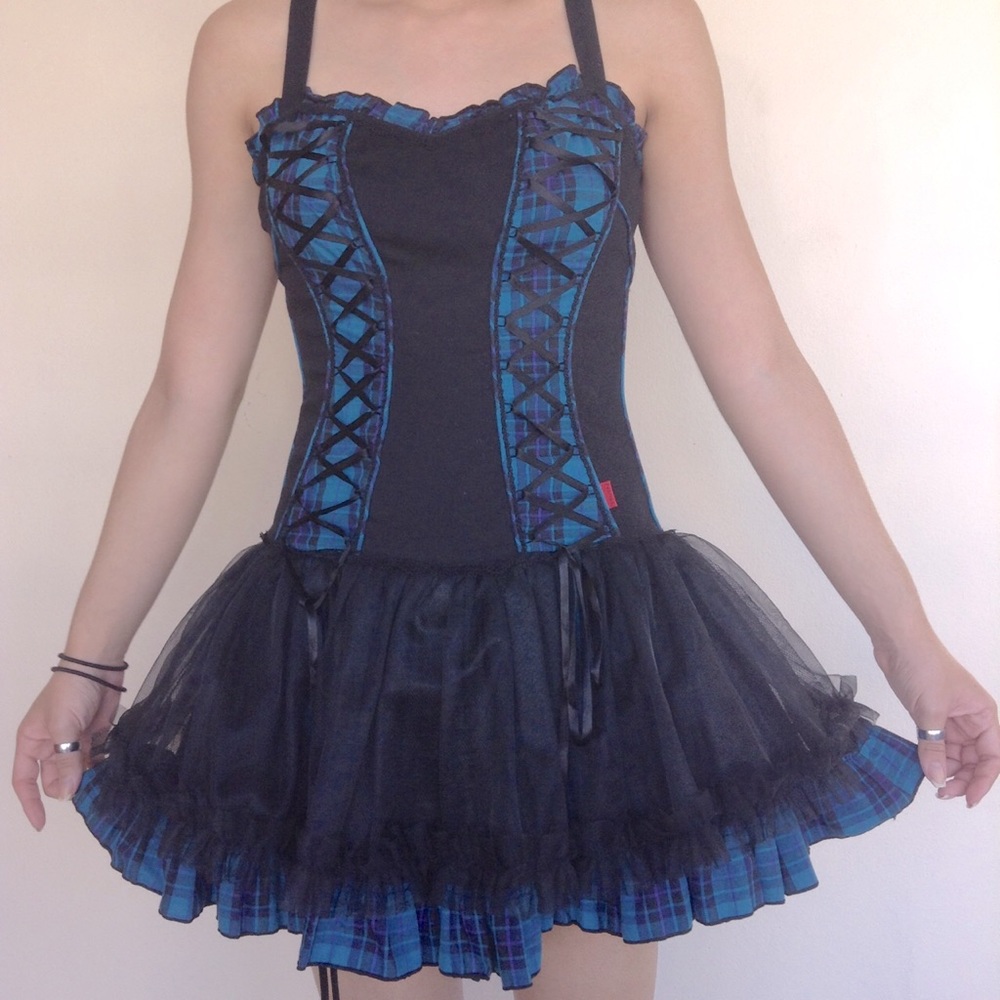 Blue plaid tripp nyc garter dress goth emo alt XXL
